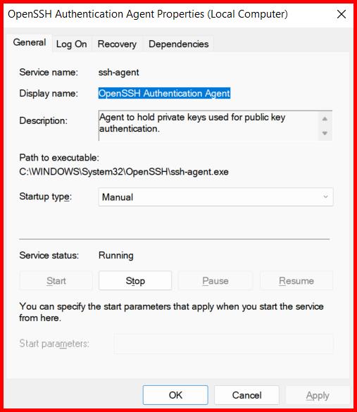 Picture showing changing the Openssh Authentication Agent Service startup type as Manual